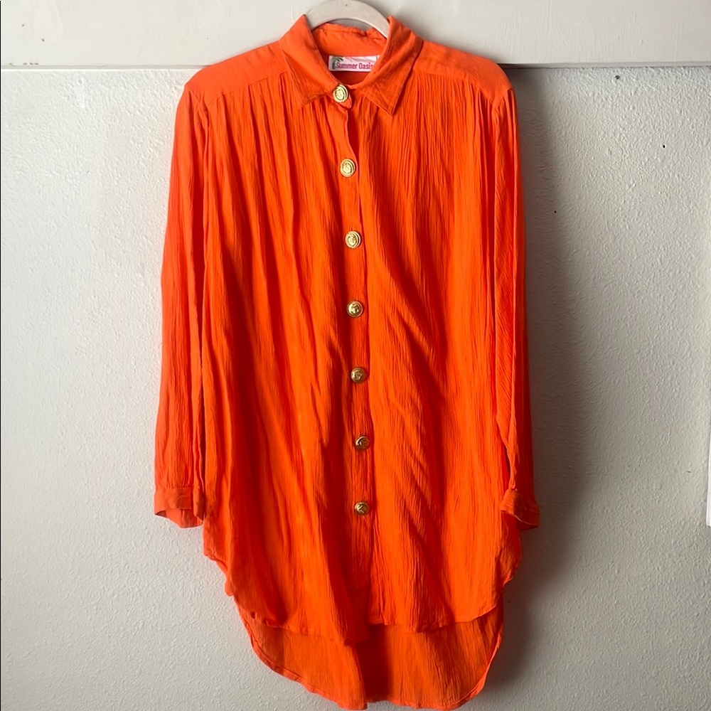 Vintage Summer Oasis Orange Shirt with Gold anchor Accents